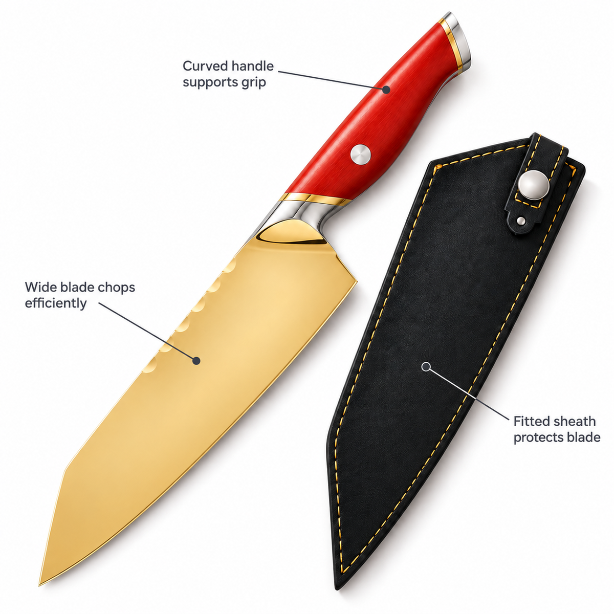 VEYUNA 8-Inch Chef Knife Gold-Finish Blade with Red Handle and Protective Leather Sheath
