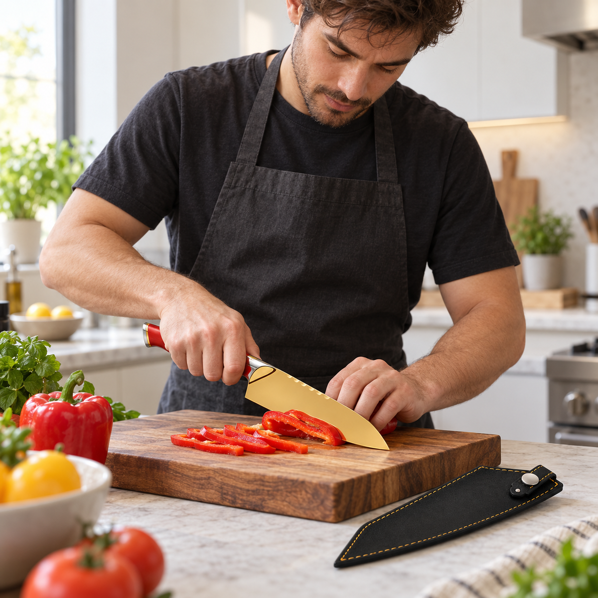 VEYUNA 8-Inch Chef Knife Gold-Finish Blade with Red Handle and Protective Leather Sheath