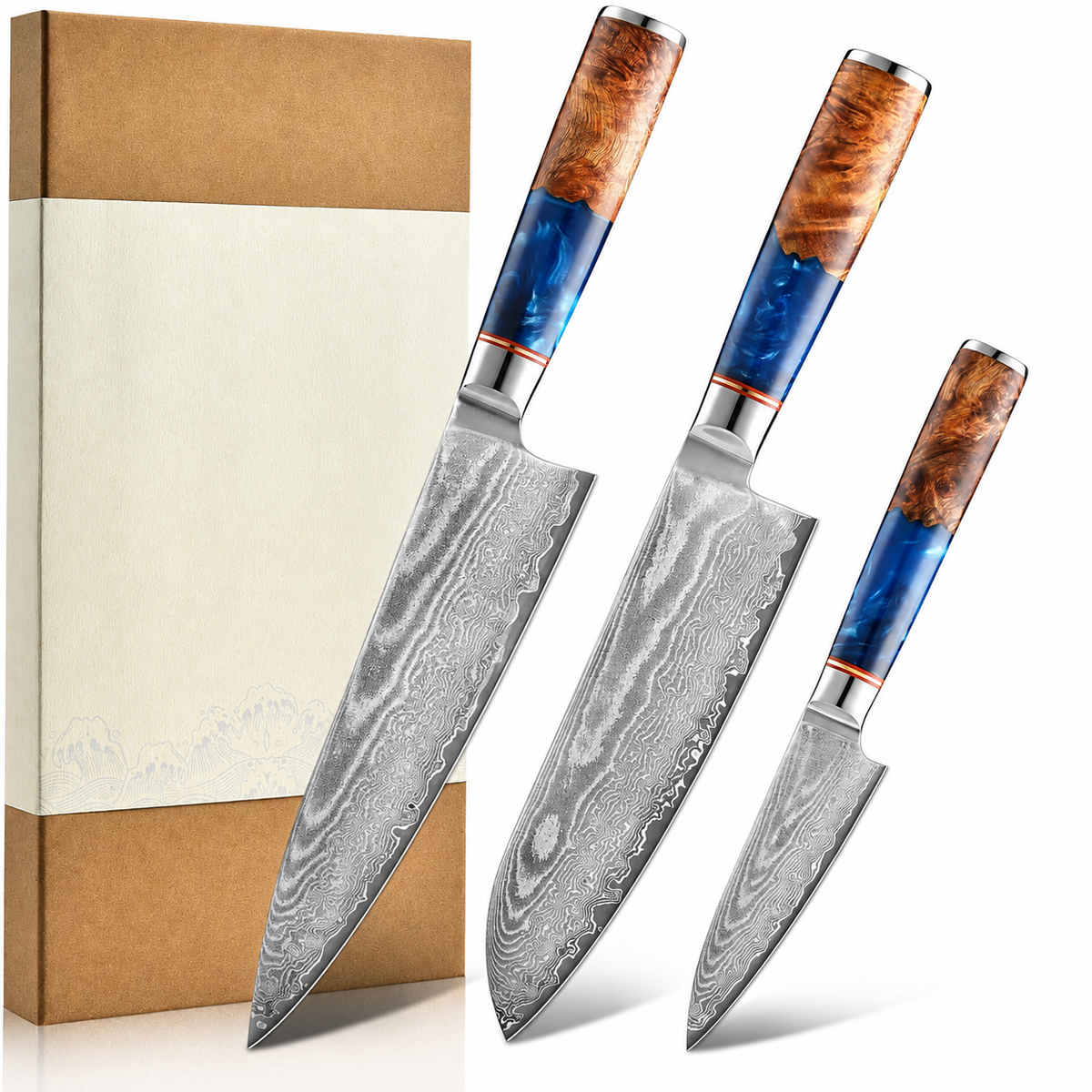 VEYUNA Knife Set 3-Piece – 67-Layer VG10 Damascus Steel for Fresh Food Prep