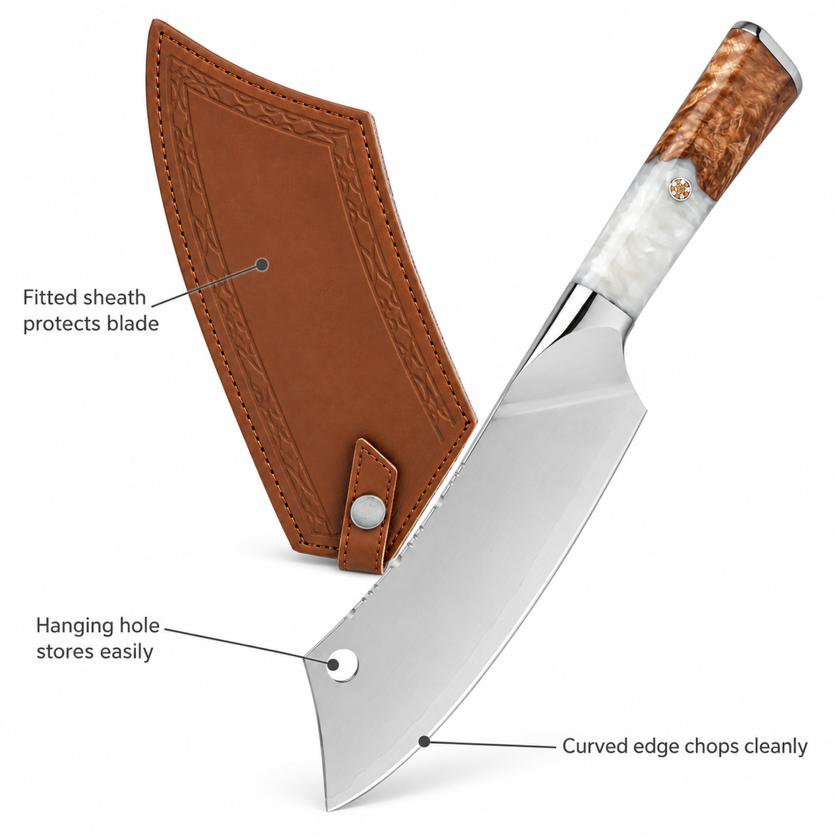 VEYUNA 8-Inch Chef Cleaver Knife Stainless Steel Blade with White Resin Handle and Sheath