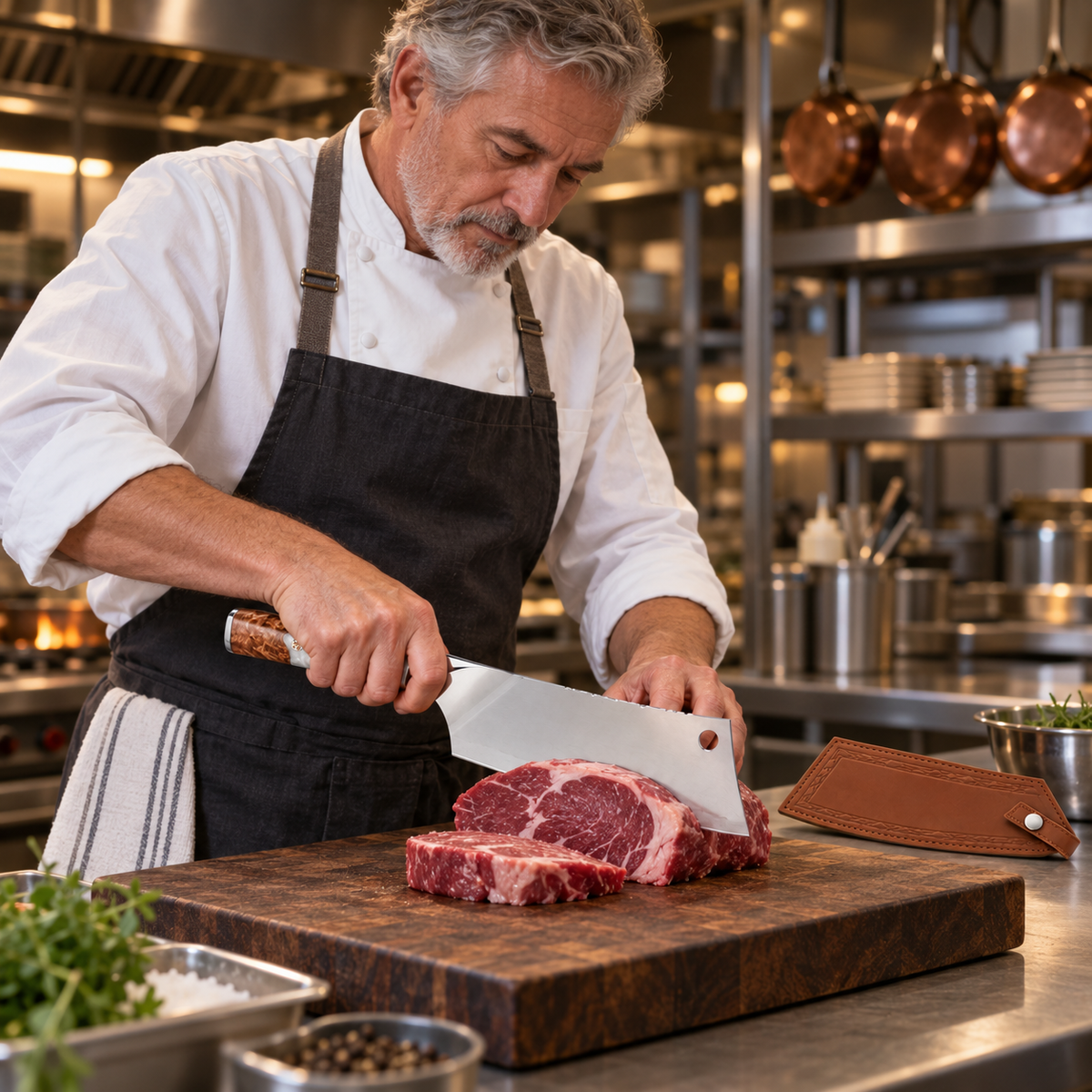 VEYUNA 8-Inch Chef Cleaver Knife Stainless Steel Blade with White Resin Handle and Sheath