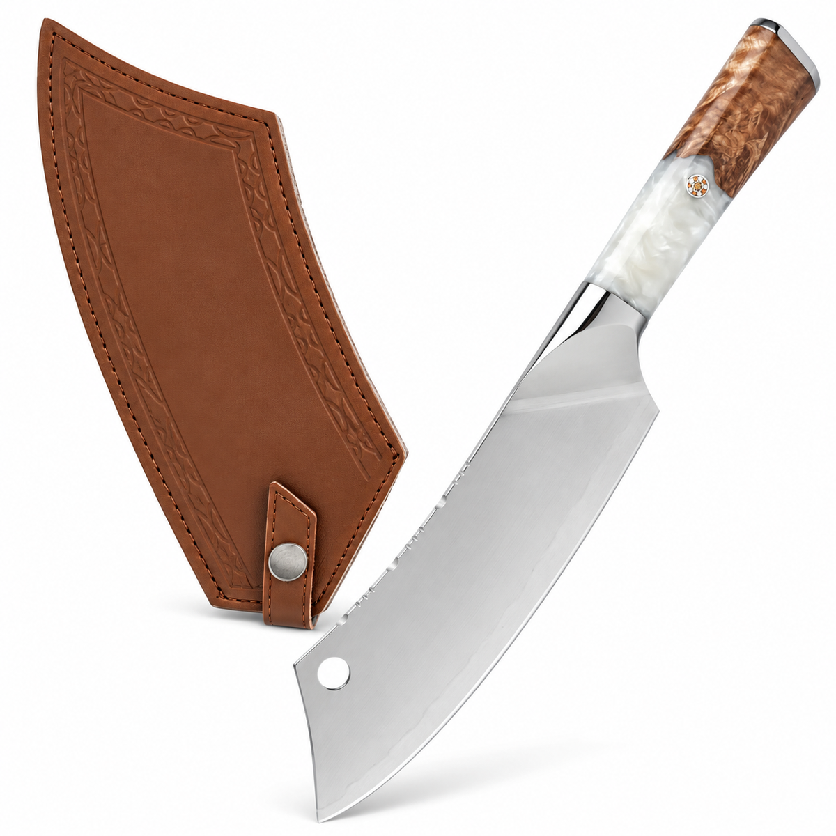 VEYUNA 8-Inch Chef Cleaver Knife Stainless Steel Blade with White Resin Handle and Sheath