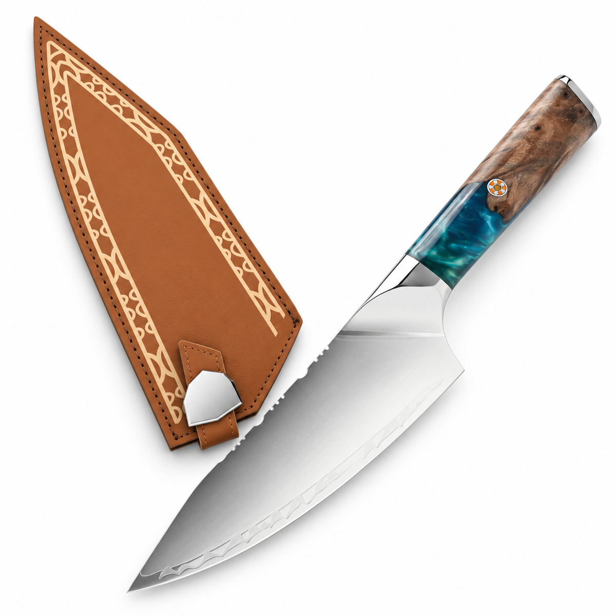 VEYUNA 8-Inch Chef Knife Stainless Steel Blade with Resin Handle and Protective Leather Sheath