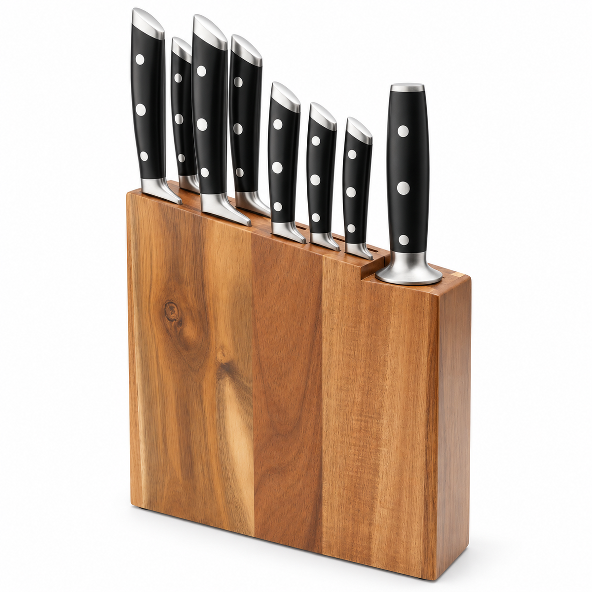 VEYUNA 8-Piece Knife Block Set with Black Handles, Acacia Wood Block, NSF Certified