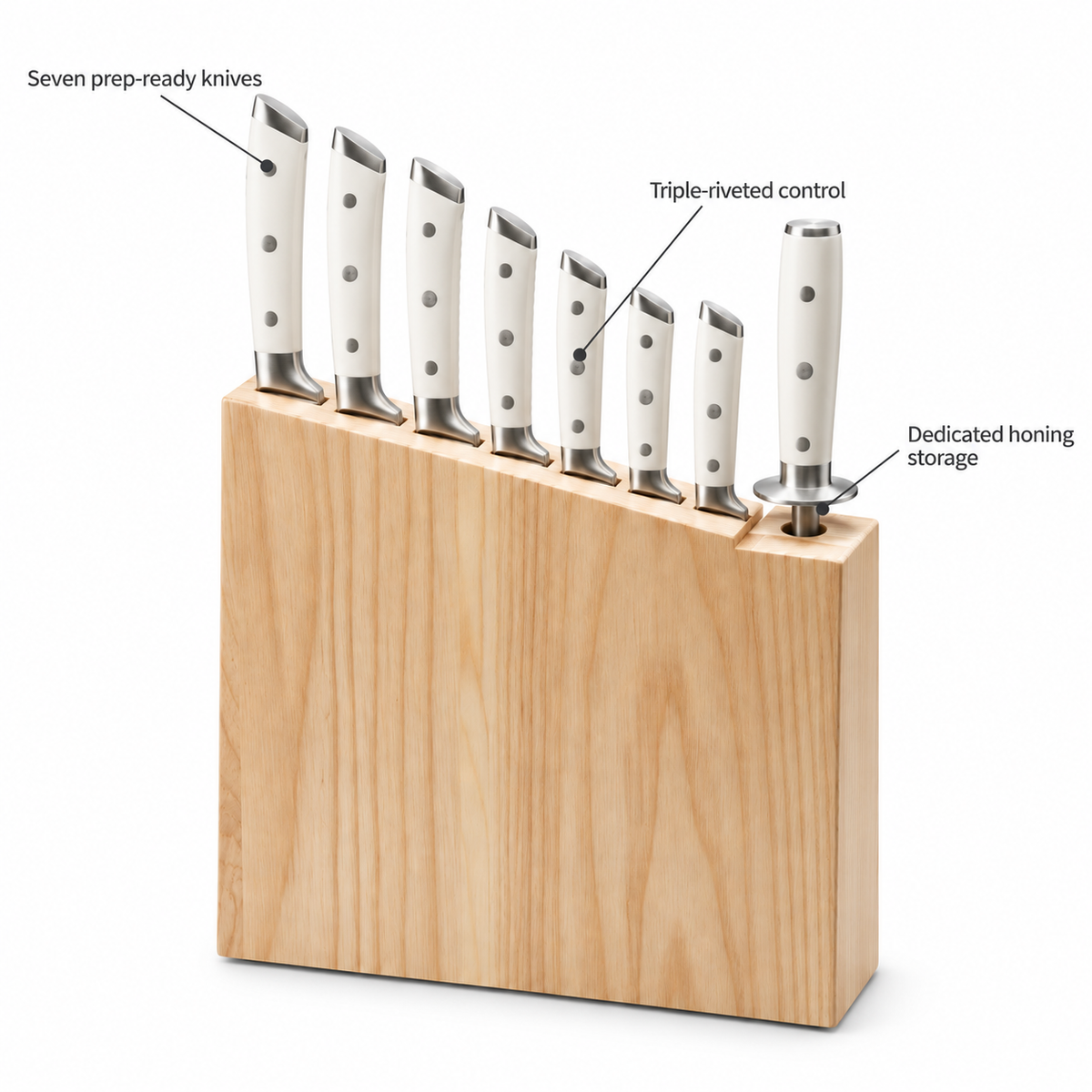 VEYUNA 8-Piece Knife Block Set with White Handles, High Carbon Steel, NSF Certified