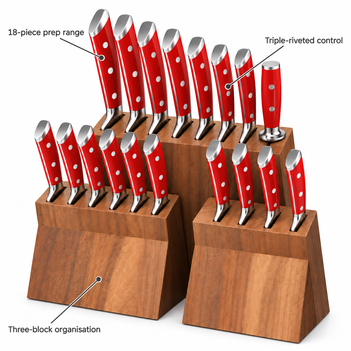 VEYUNA 18-Piece Knife Block Set, Red Handles, NSF Certified Kitchen Knife Set