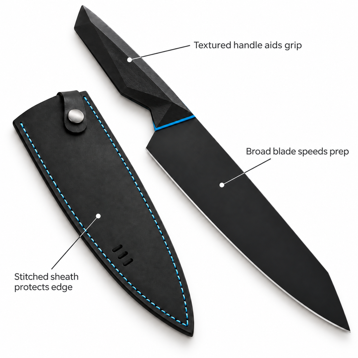 VEYUNA 8" Chef Knife, Batman Edition, Shadow Black Blade, Leather Sheath
