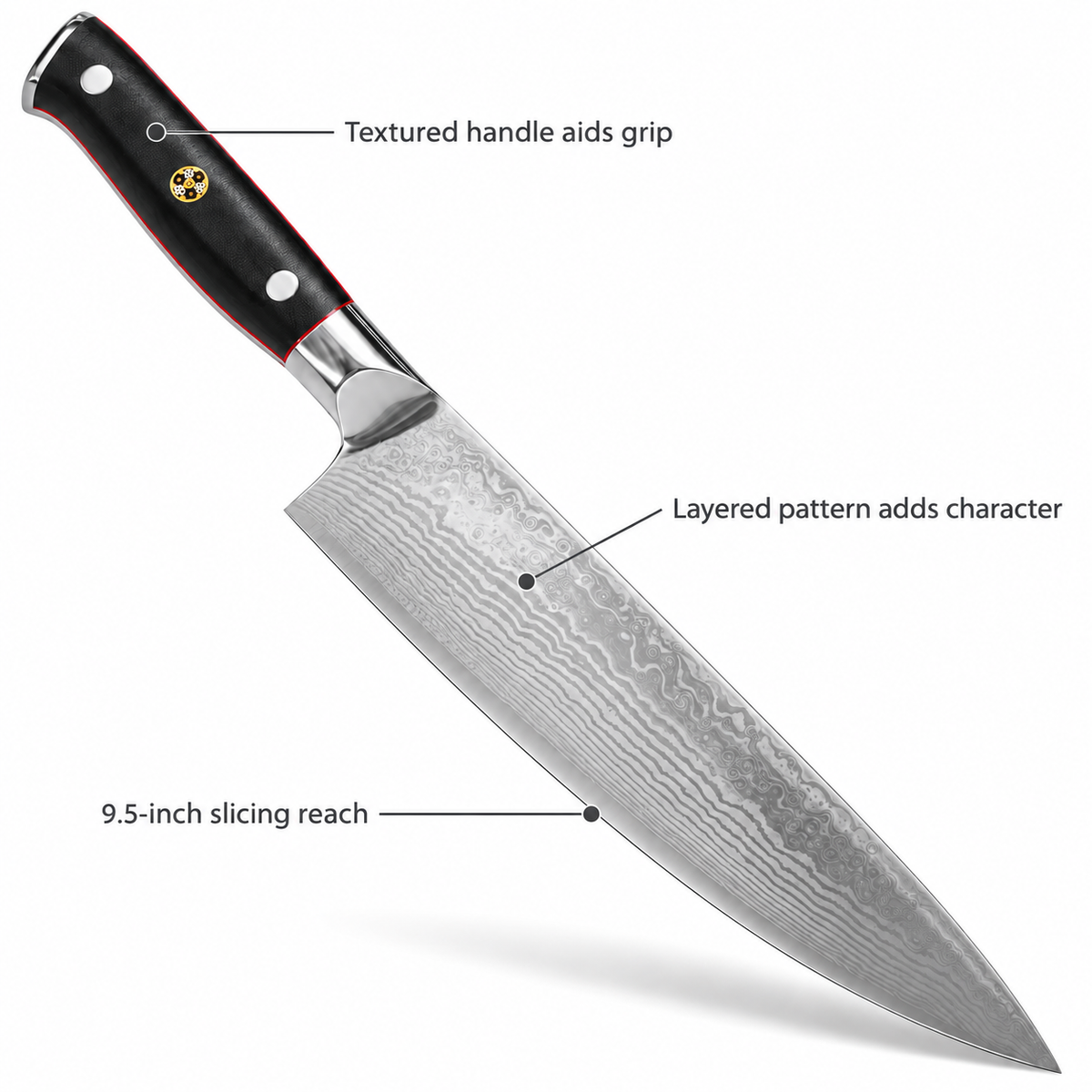 VEYUNA 9.5-Inch Chef Knife Japanese AUS-10V Steel Blade with Hammered Finish and Full Tang