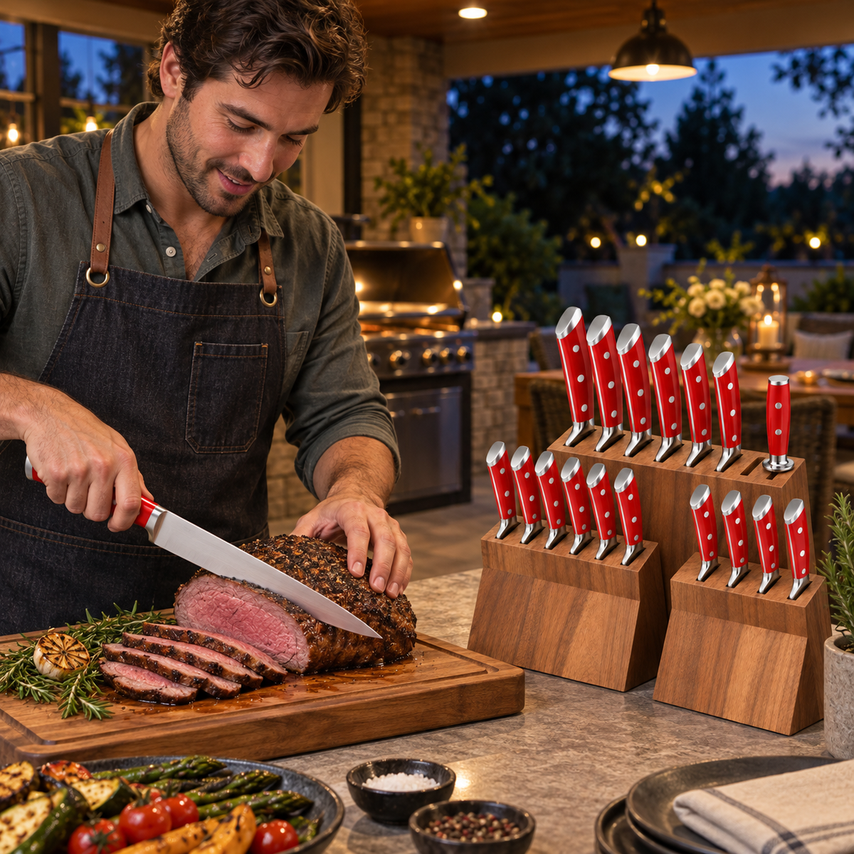 VEYUNA 18-Piece Knife Block Set, Red Handles, NSF Certified Kitchen Knife Set