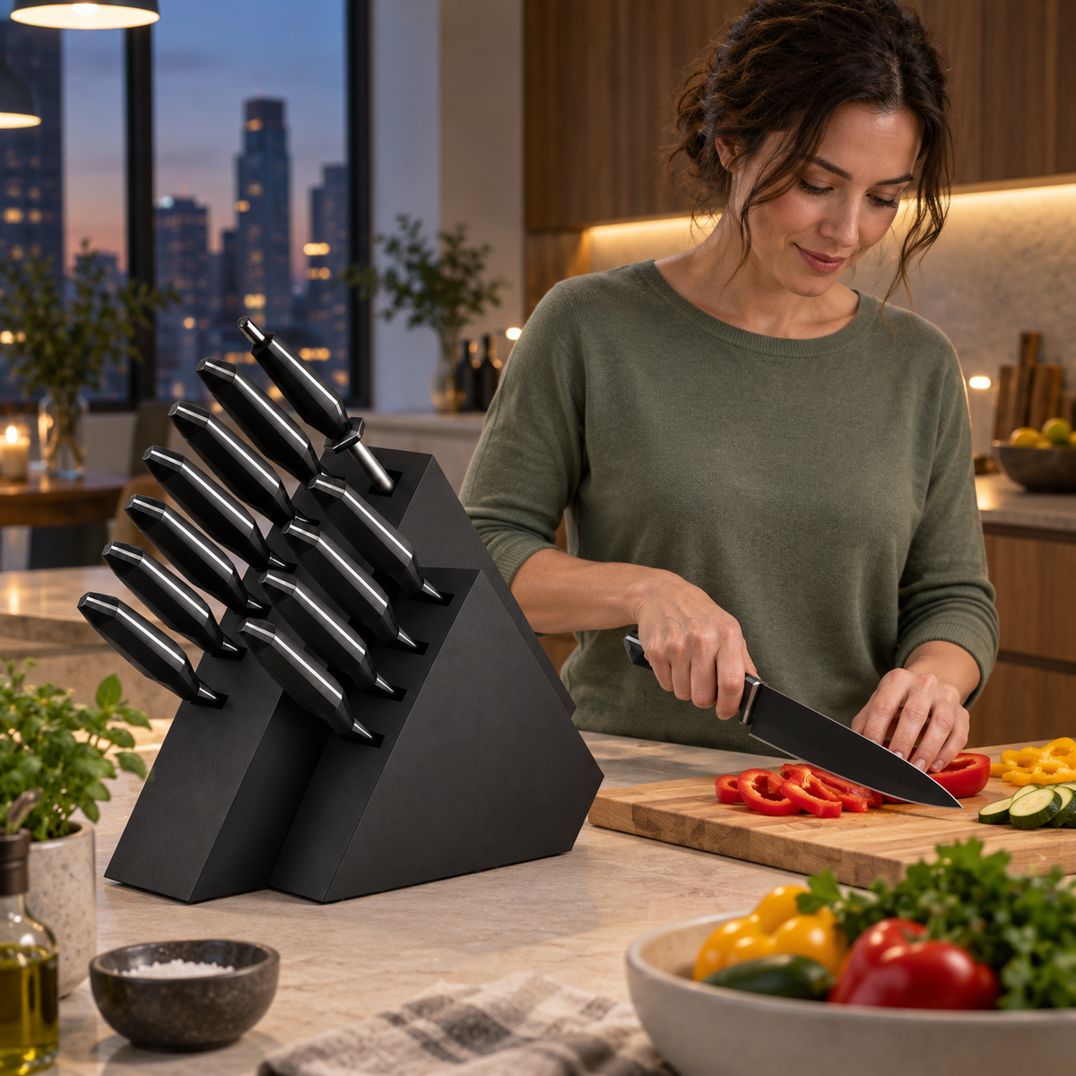 VEYUNA 12-Piece Knife Block Set, Shadow Black Series, NSF Certified Kitchen Knives