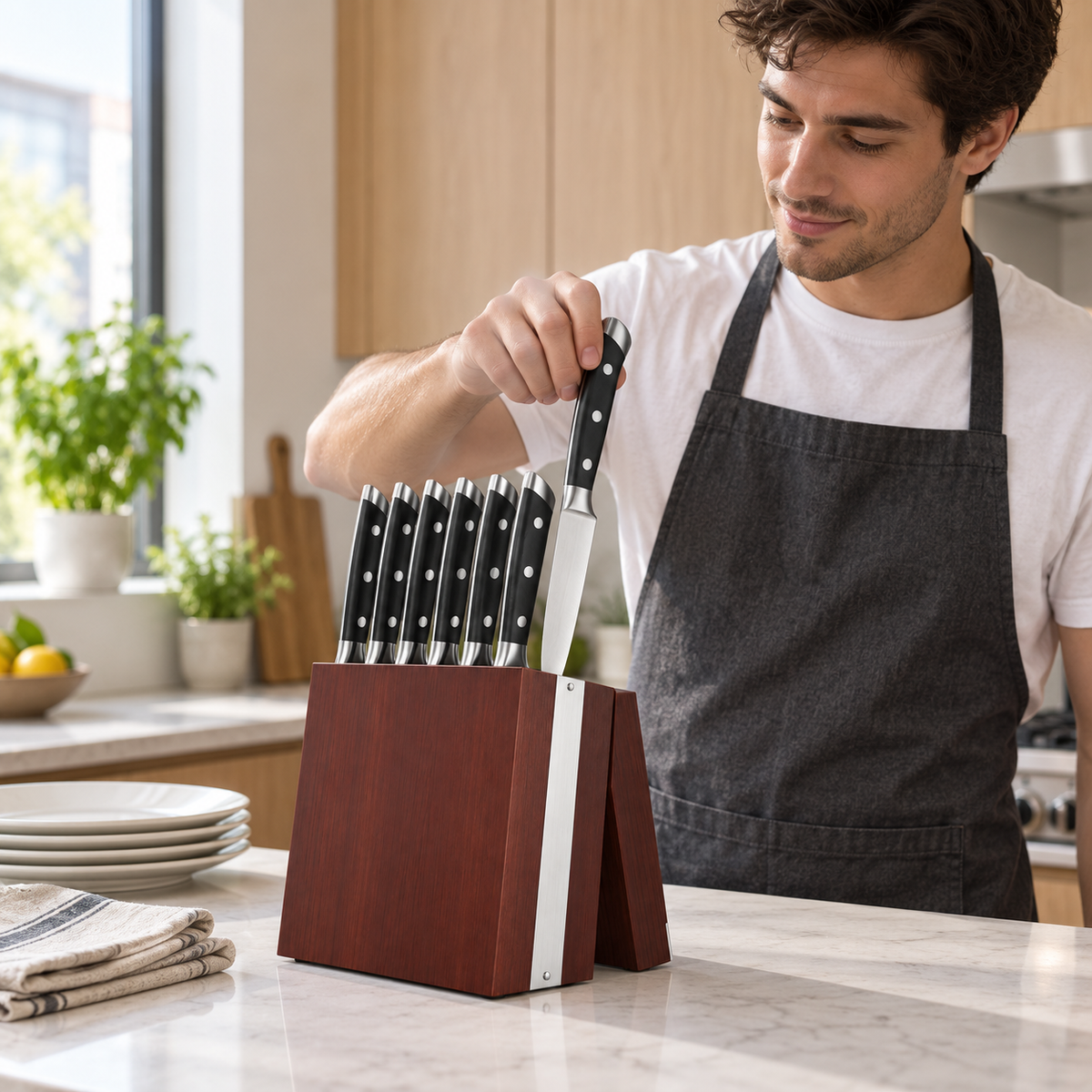 VEYUNA 8-Piece Steak Knife Set with Oak Storage Block, Full Tang NSF Certified