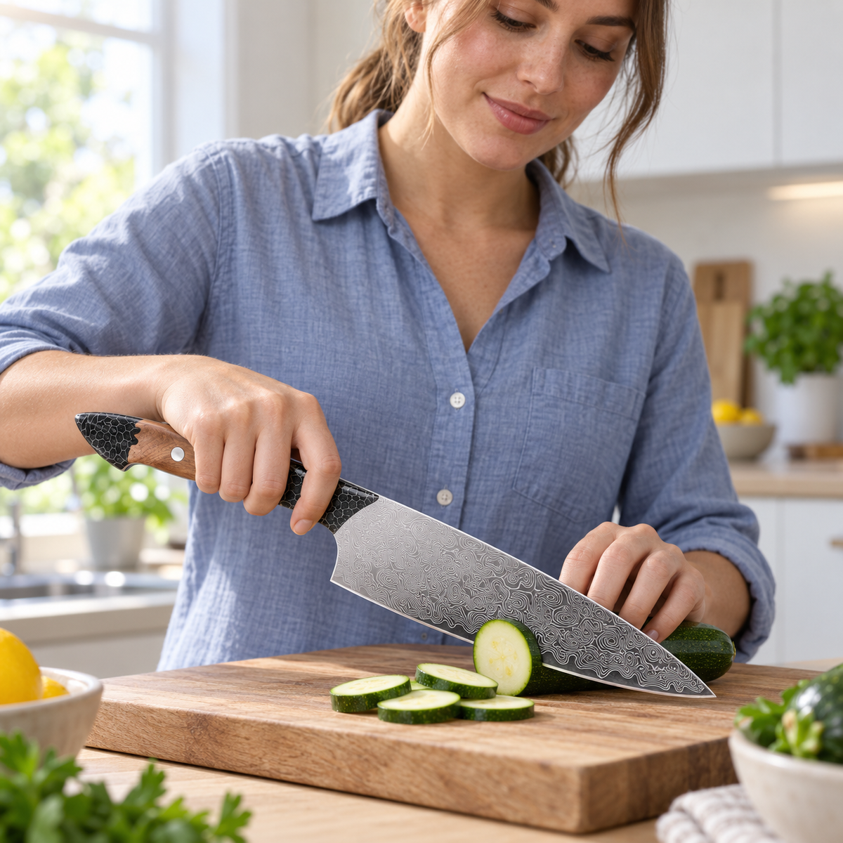 VEYUNA 9.5-Inch Chef Knife Japanese V12 Steel Core Full Tang with Wood Resin Handle and Sheath