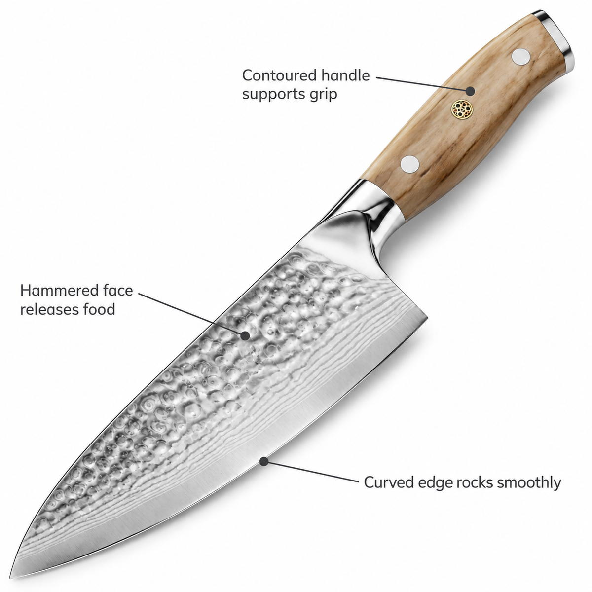 VEYUNA 8-Inch Chef Knife Hammered Japanese Steel Blade with Olive Wood Handle and Sheath