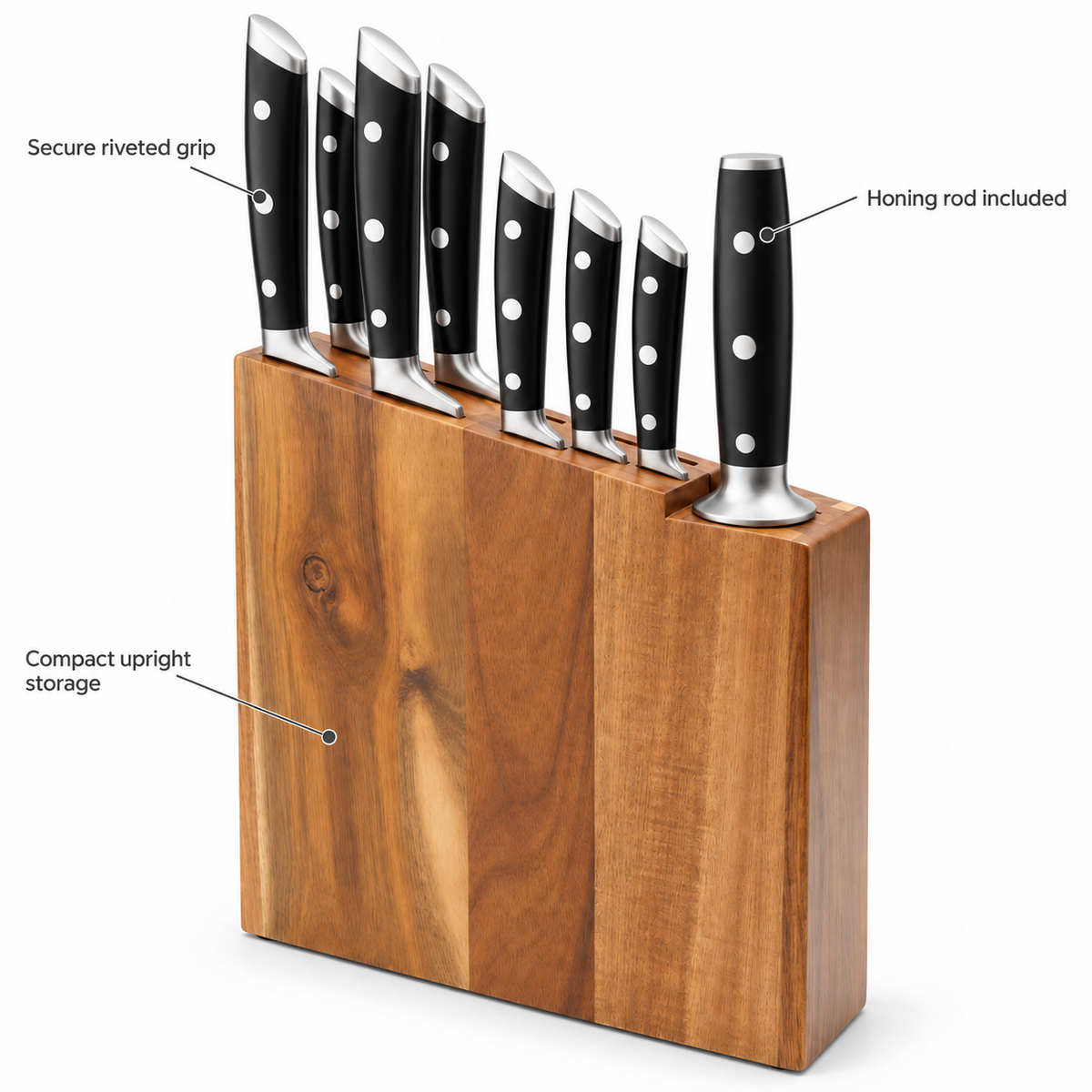 VEYUNA 8-Piece Knife Block Set with Black Handles, Acacia Wood Block, NSF Certified