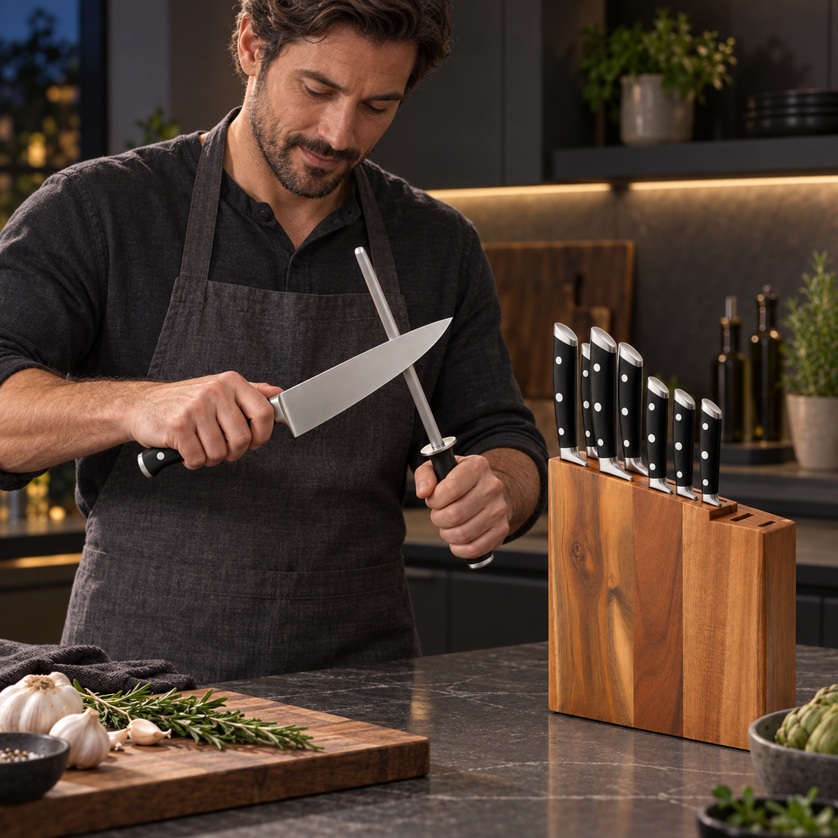 VEYUNA 8-Piece Knife Block Set with Black Handles, Acacia Wood Block, NSF Certified