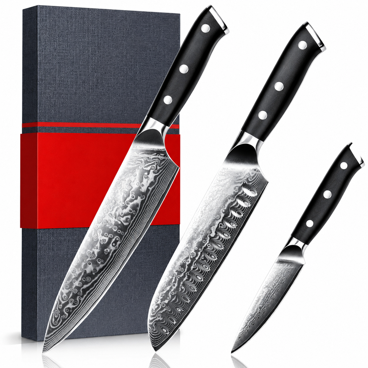 VEYUNA Damascus Food Knife Set, 3-Piece 67-Layer Steel, Ultra-Sharp G10 Handles