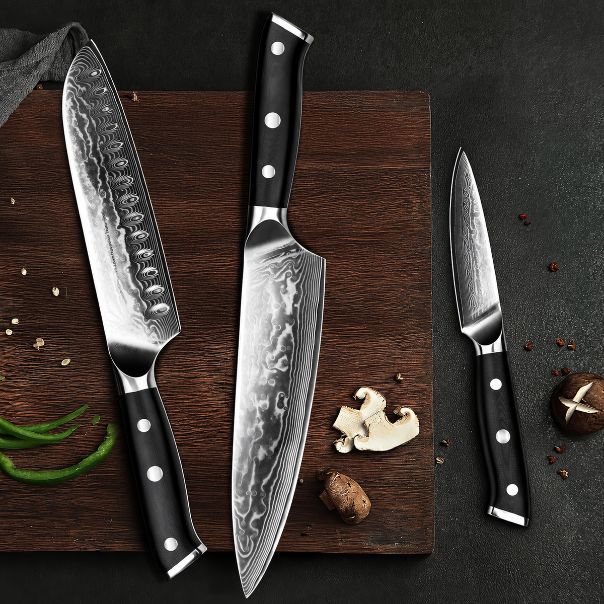 VEYUNA Damascus Food Knife Set, 3-Piece 67-Layer Steel, Ultra-Sharp G10 Handles