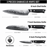 VEYUNA Damascus Food Knife Set, 3-Piece 67-Layer Steel, Ultra-Sharp G10 Handles