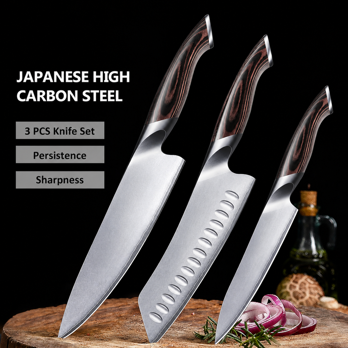 VEYUNA 3-Piece Knife Set – Japanese High Carbon Steel Food Prep Knives