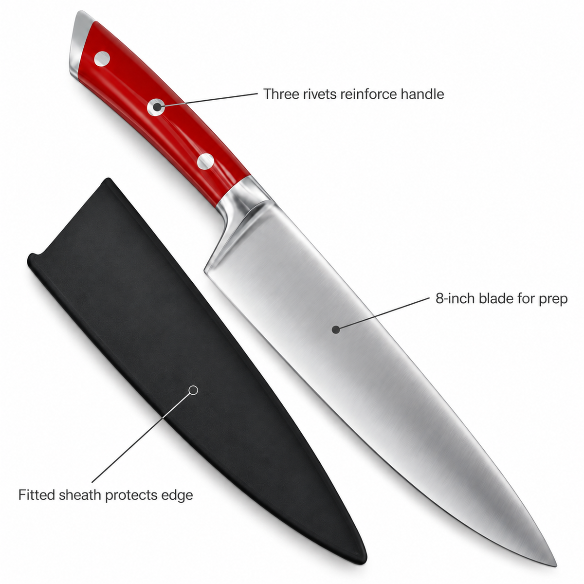 VEYUNA 8" Chef Knife, German Steel, Crimson Red Handle, NSF Certified