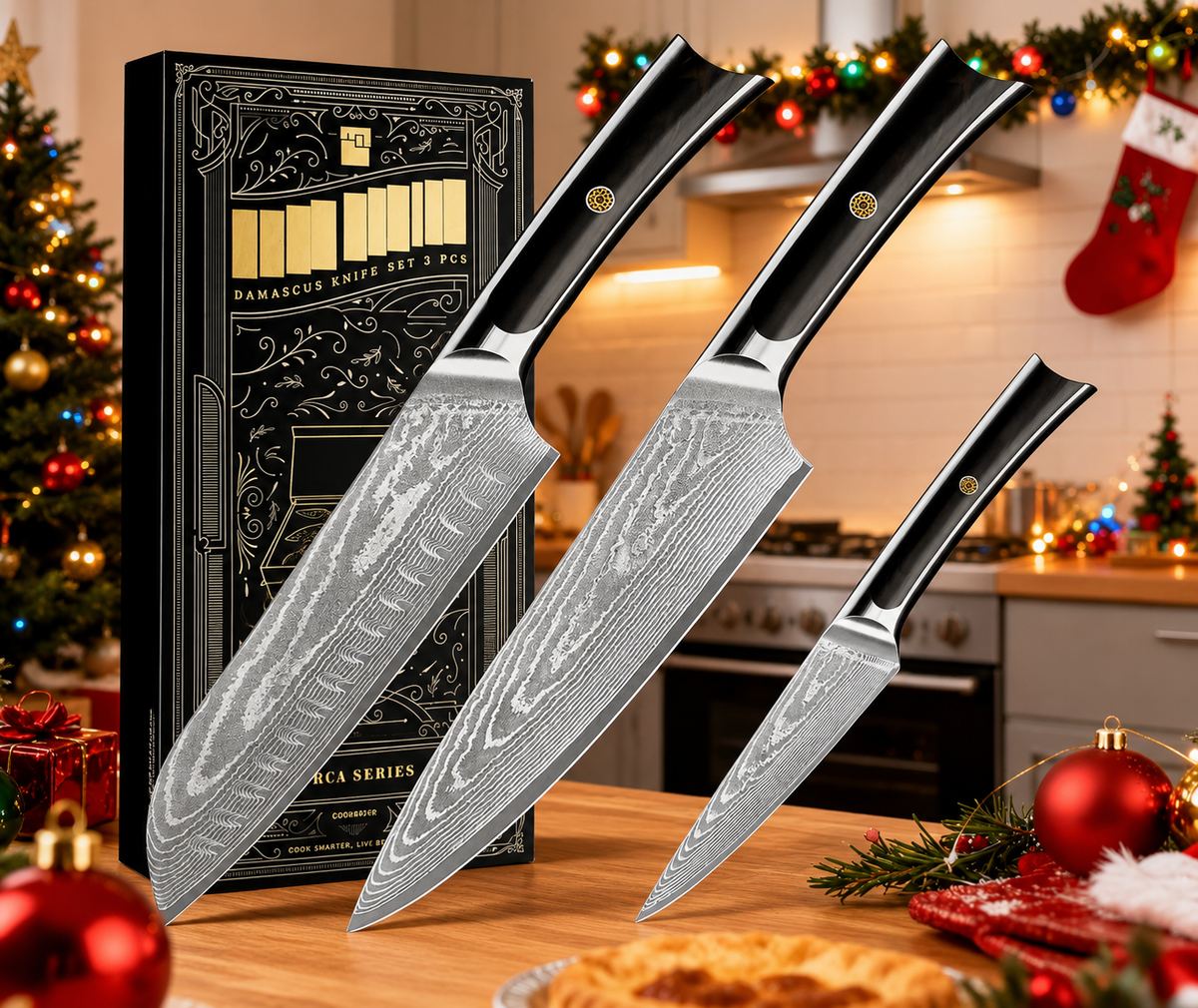 VEYUNA Knife Set 3-Piece – VG10 Damascus Steel, Full Tang for Fresh Food Prep