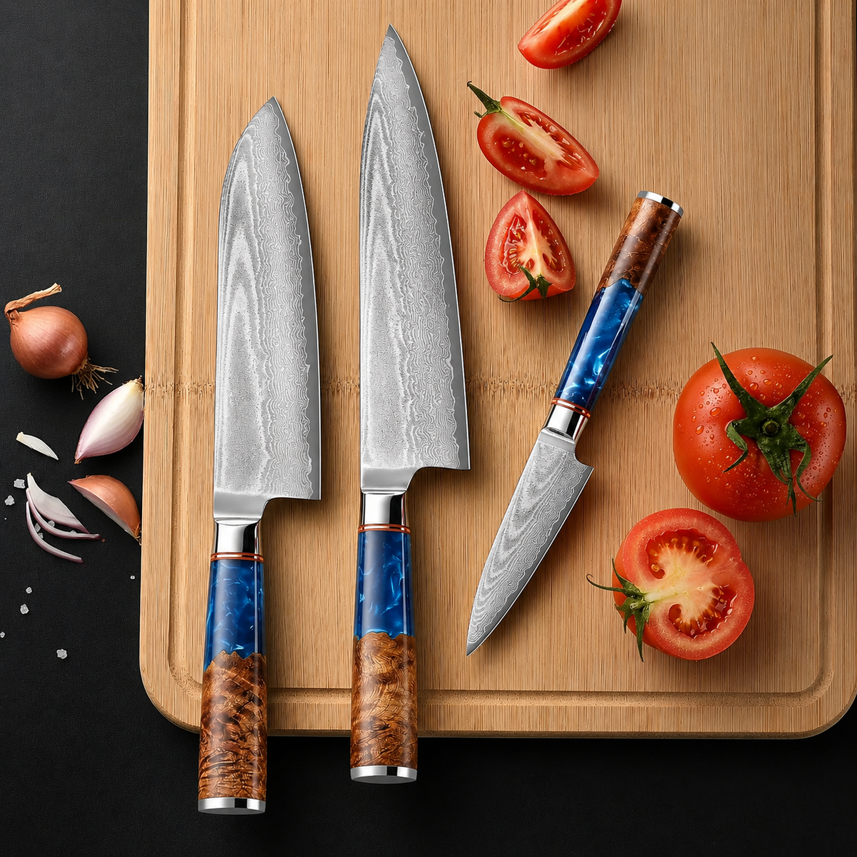 VEYUNA 3-Piece Knife Set – 67-Layer VG10 Damascus Steel for Fresh Food Prep
