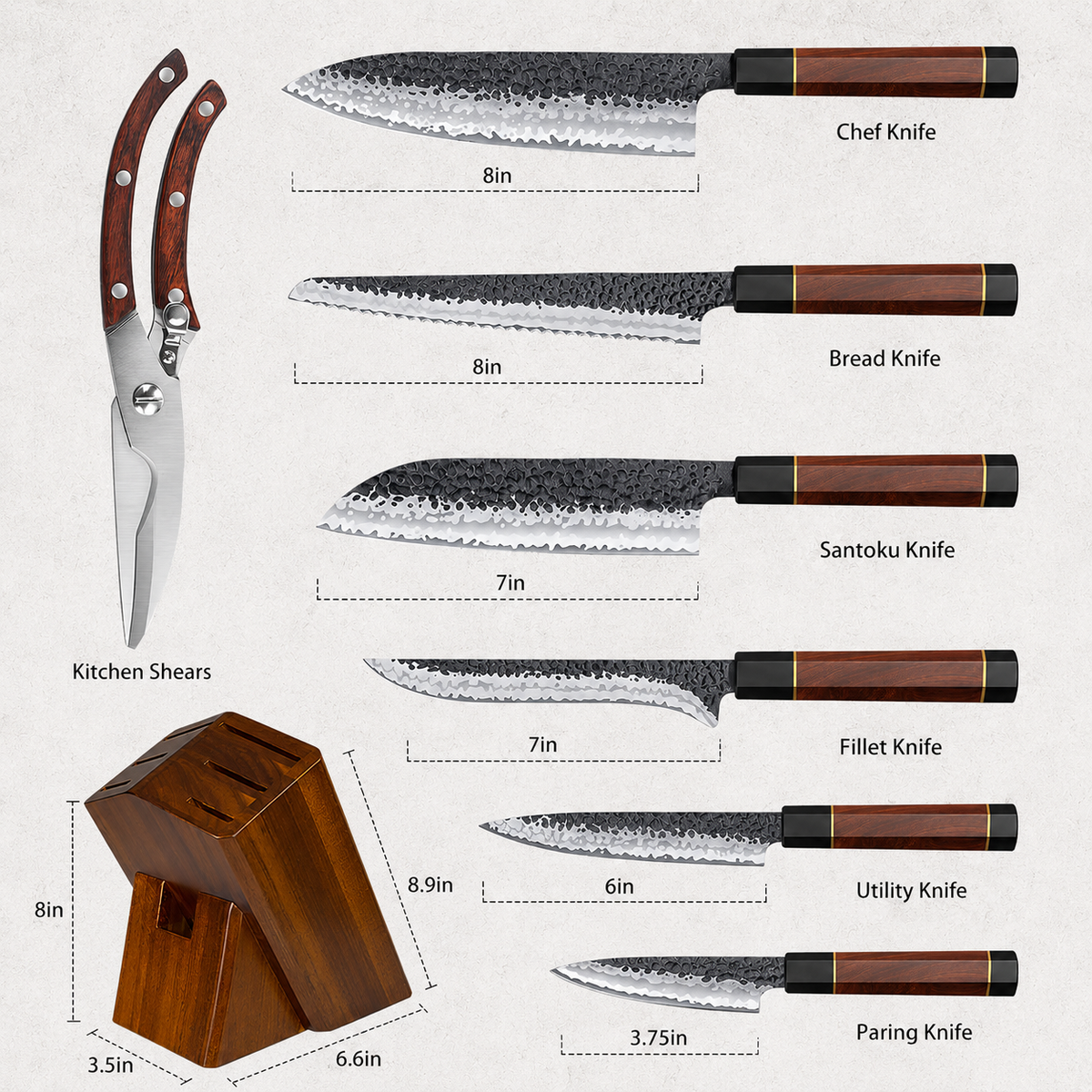 VEYUNA Knife Set 8-Piece – 10Cr15MoV High-Carbon Steel for Fresh Food Prep