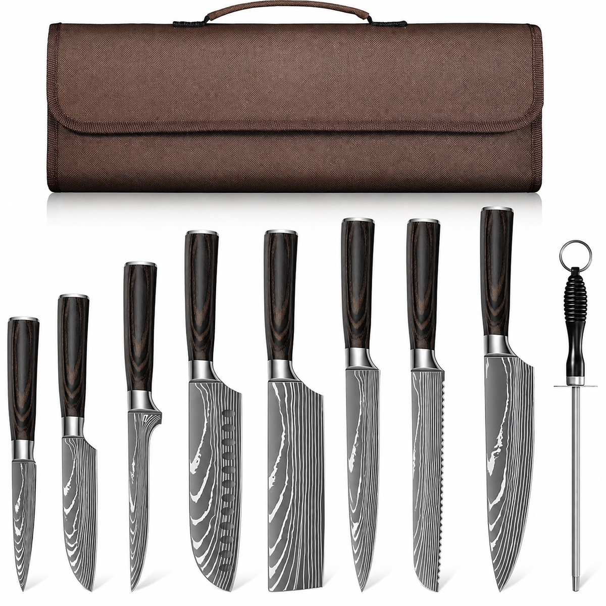 VEYUNA Knife Set 9-Piece – Damascus Steel with Roll Bag for Fresh Food Prep
