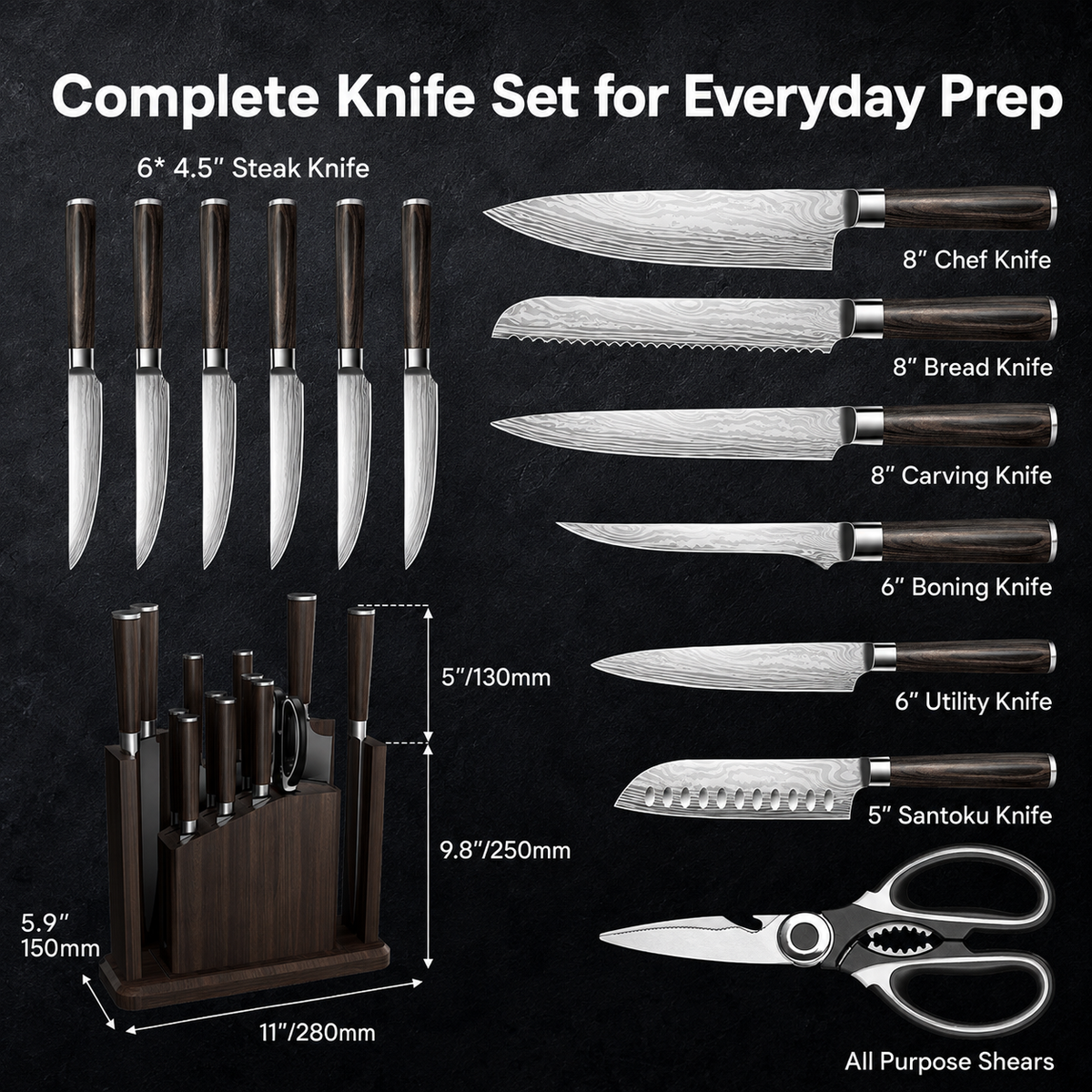 VEYUNA Knife Set 15-Piece – Damascus Pattern Magnetic Block for Fresh Food Prep