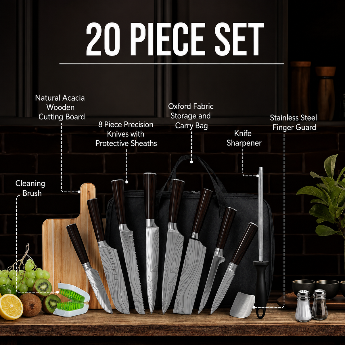 VEYUNA Knife Set 20-Piece – High-Carbon Steel with Travel Case for Food Prep