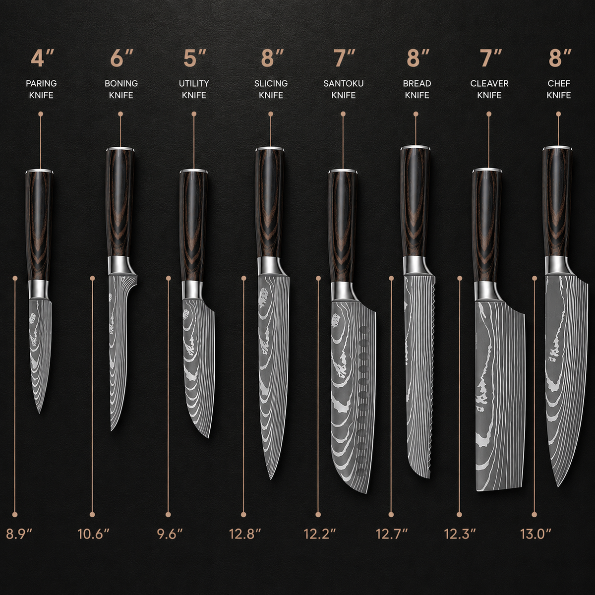 VEYUNA Knife Set 9-Piece – Damascus Steel with Roll Bag for Fresh Food Prep