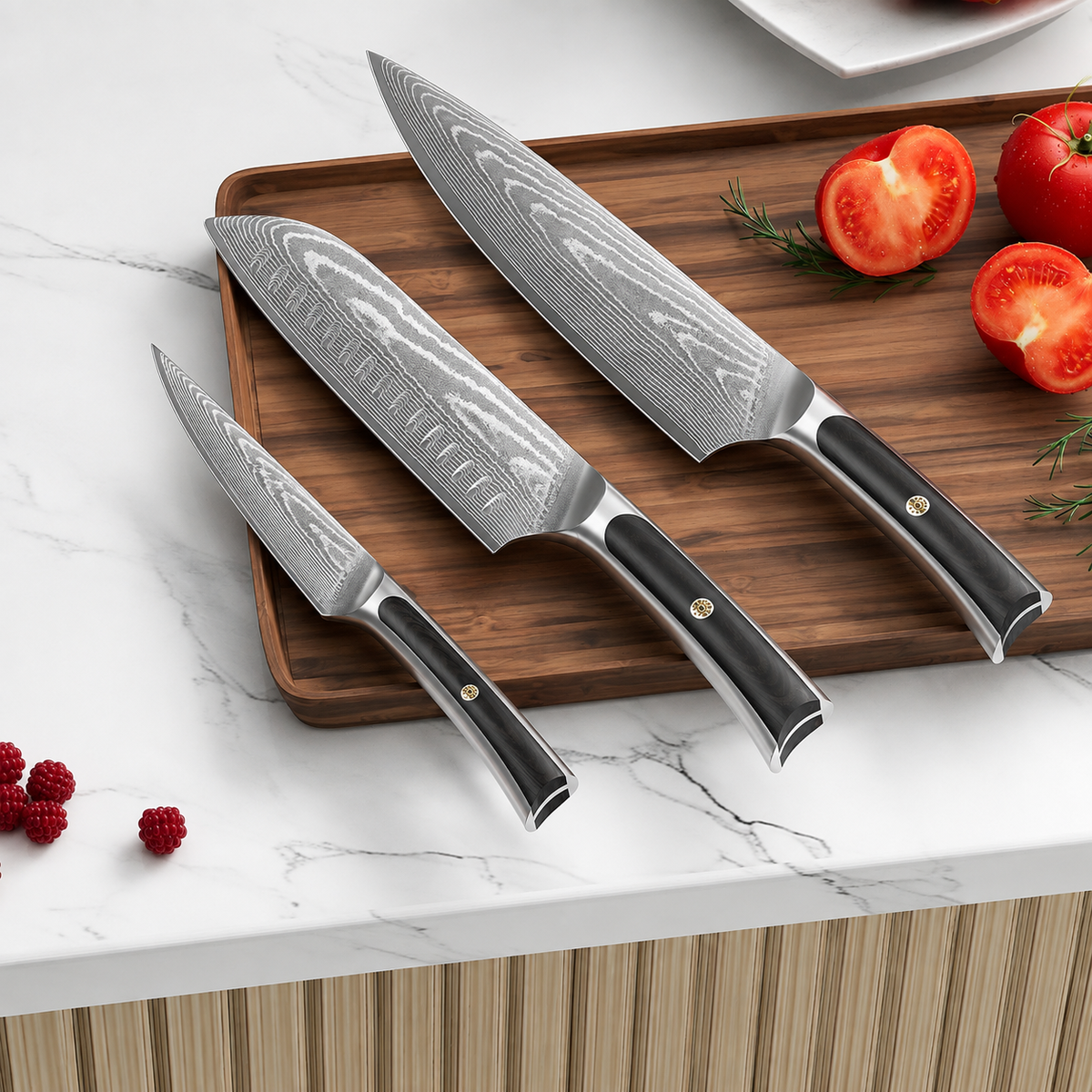 VEYUNA Knife Set 3-Piece – VG10 Damascus Steel, Full Tang for Fresh Food Prep