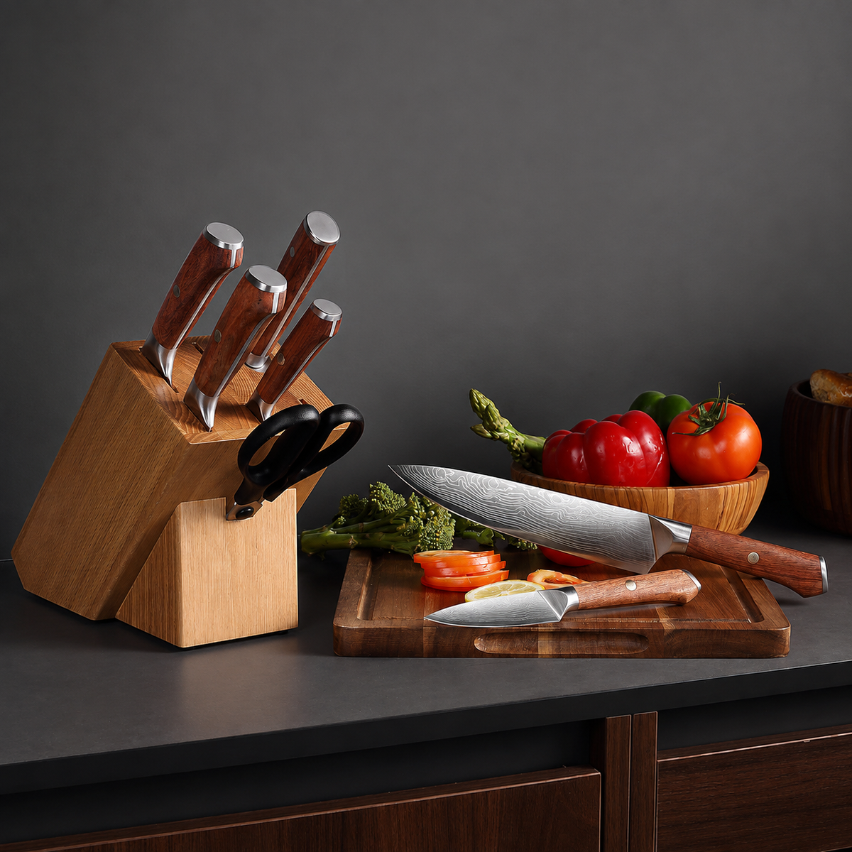 VEYUNA Knife Set 8-Piece – High-Carbon Steel with Wood Block for Food Prep