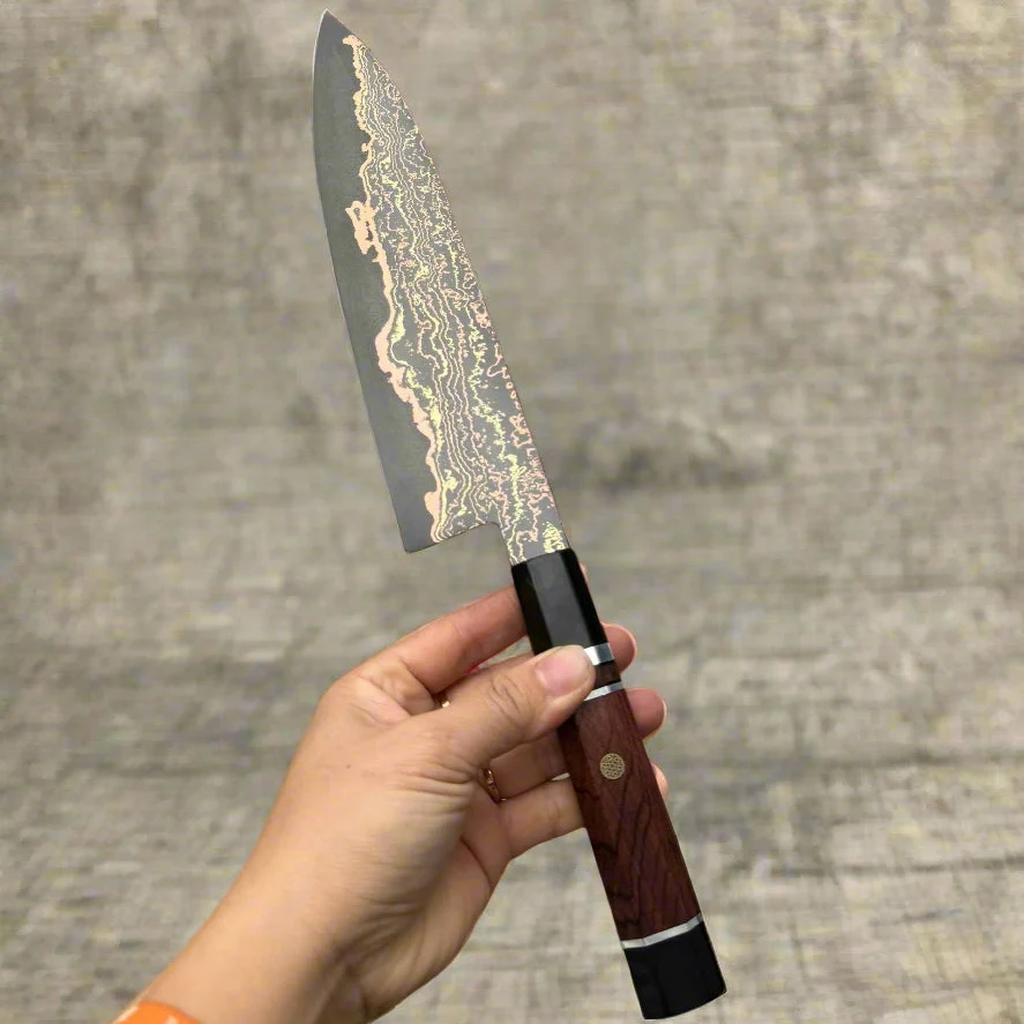 VEYUNA Santoku Knife – 7-Inch Copper San Mai Damascus Food Prep Blade