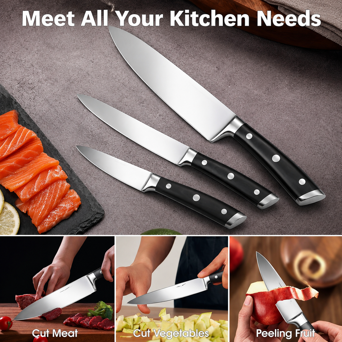 VEYUNA Knife Set 3-Piece – German Stainless Steel for Fresh Food Prep