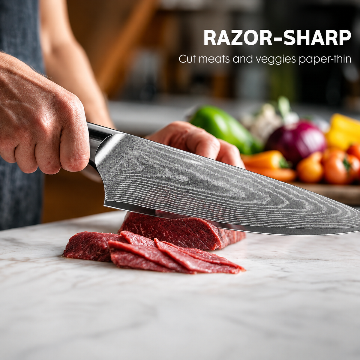 VEYUNA Knife Set 3-Piece – VG10 Damascus Steel, Full Tang for Fresh Food Prep