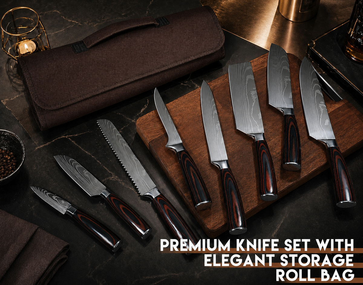 VEYUNA Knife Set 9-Piece – Damascus Steel with Roll Bag for Fresh Food Prep