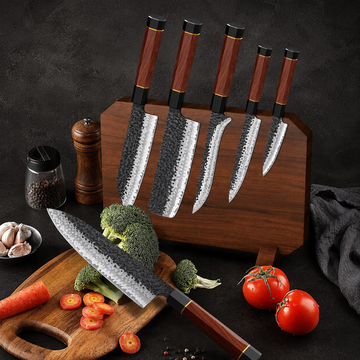 VEYUNA Knife Set 7-Piece – High-Carbon Steel Magnetic Block for Food Prep