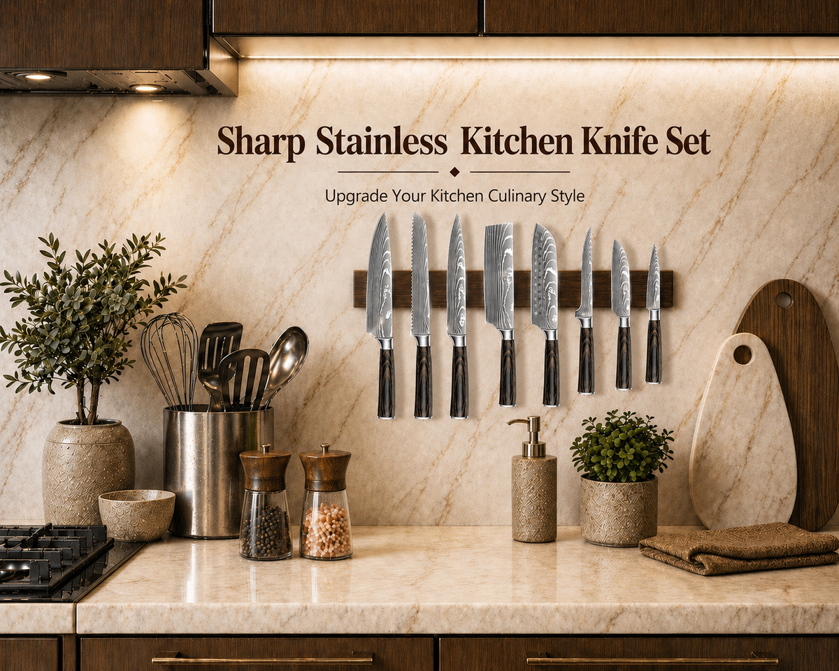 VEYUNA Knife Set 9-Piece – Damascus Steel with Roll Bag for Fresh Food Prep