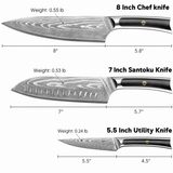 VEYUNA Knife Set 3-Piece – VG10 Damascus Steel, Full Tang for Fresh Food Prep