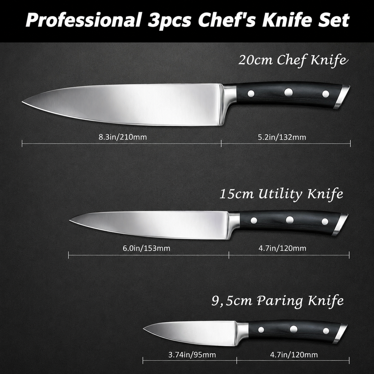 VEYUNA Knife Set 3-Piece – German Stainless Steel for Fresh Food Prep