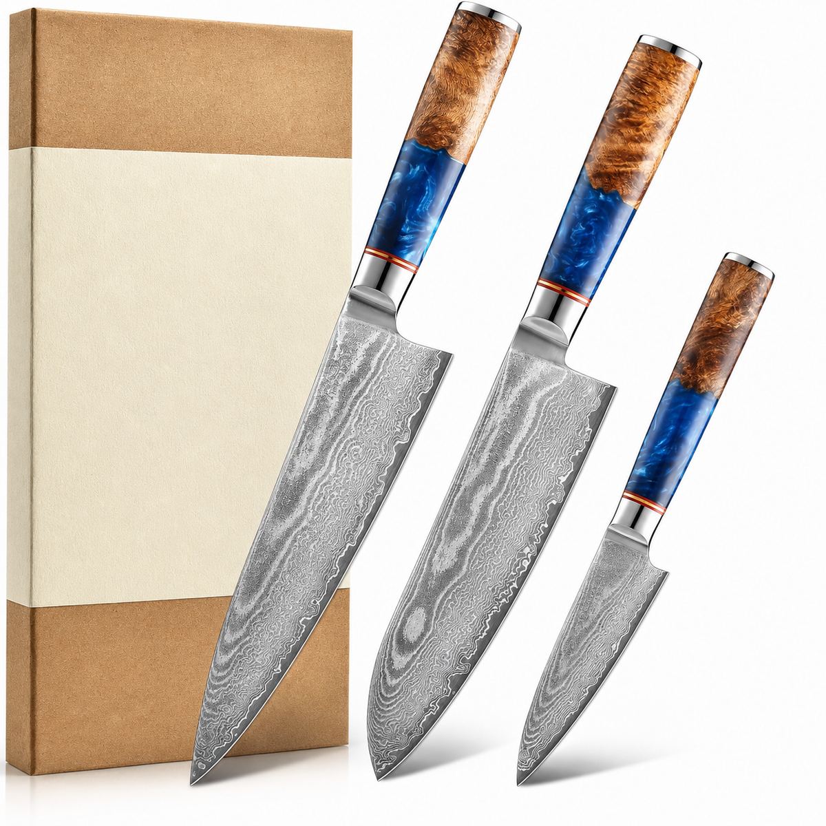VEYUNA 3-Piece Knife Set – 67-Layer VG10 Damascus Steel for Fresh Food Prep