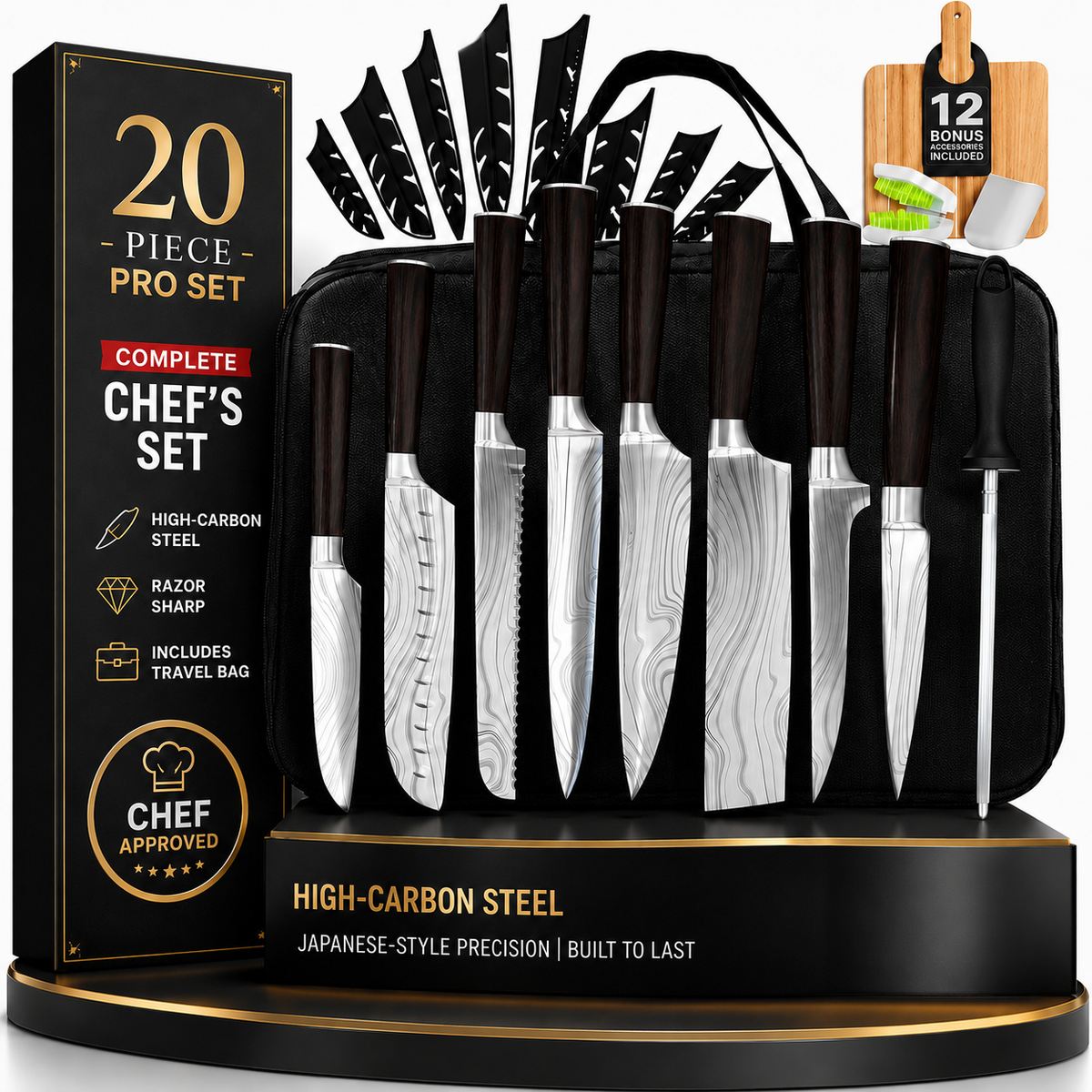 VEYUNA Knife Set 20-Piece – High-Carbon Steel with Travel Case for Food Prep