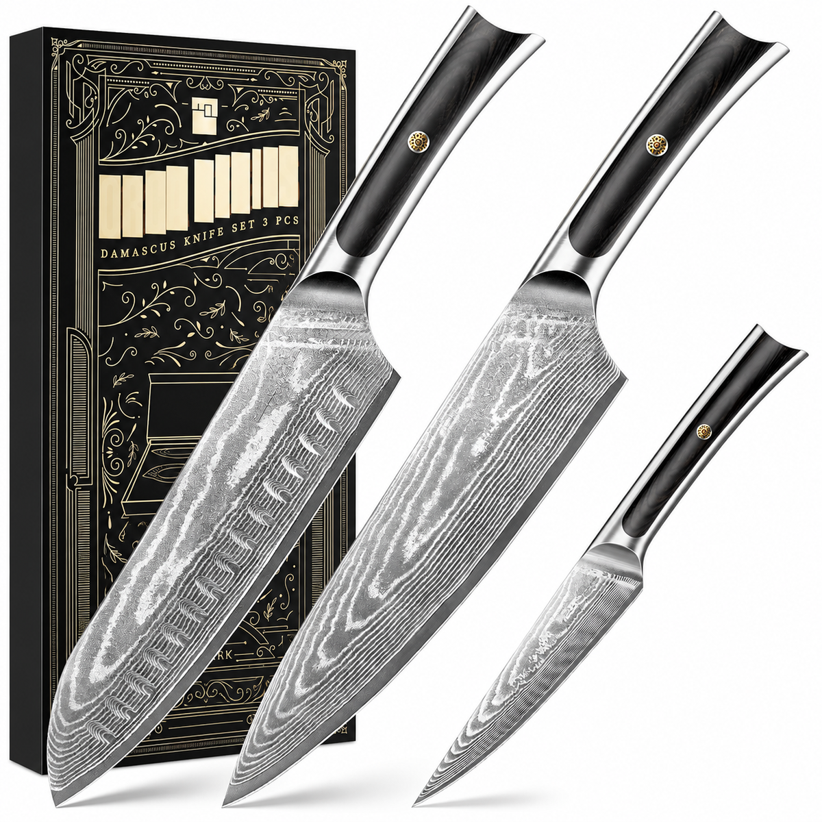 VEYUNA Knife Set 3-Piece – VG10 Damascus Steel, Full Tang for Fresh Food Prep