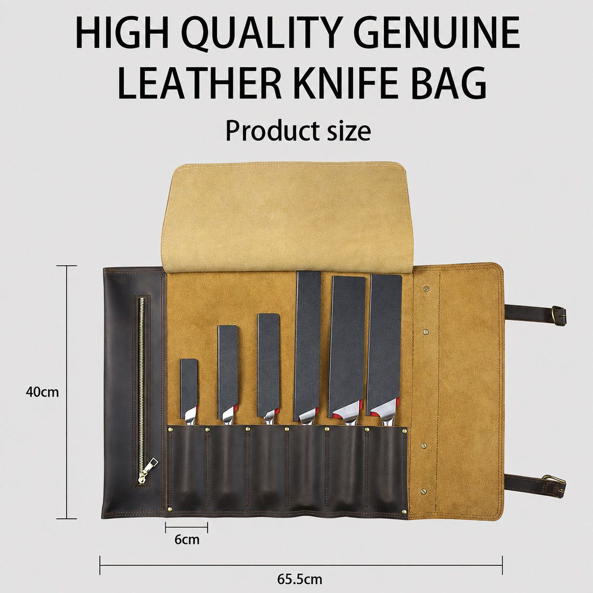 VEYUNA Knife Roll - Full Grain Leather, Rustic Brown for Food Prep Knives