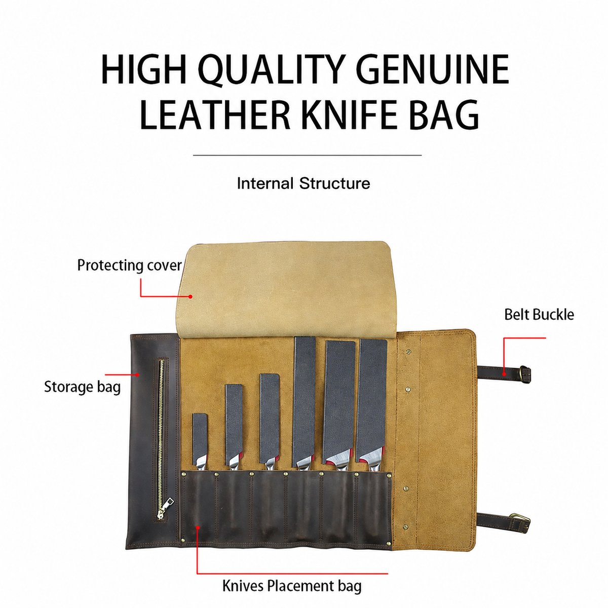 VEYUNA Knife Roll - Full Grain Leather, Rustic Brown for Food Prep Knives