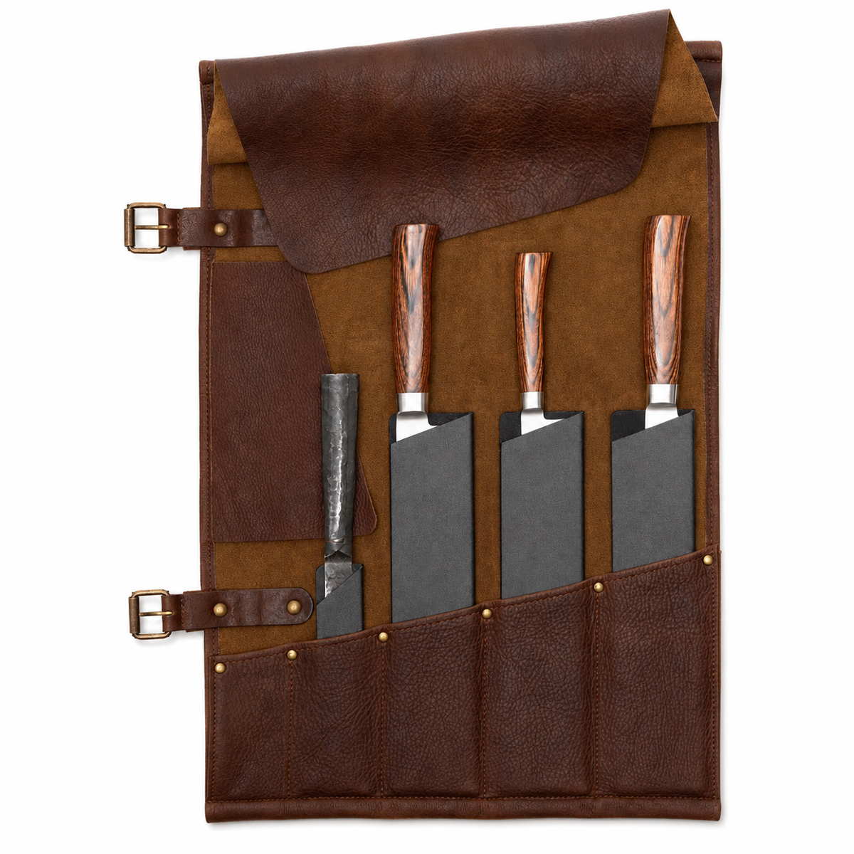 VEYUNA Knife Roll - Handmade Leather, 5 Compartments for Food Prep Knives