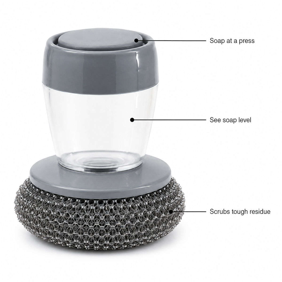 VEYUNA Soap Dispensing Palm Brush 2-in-1 Steel Wire Dish Scrubber with Soap Reservoir