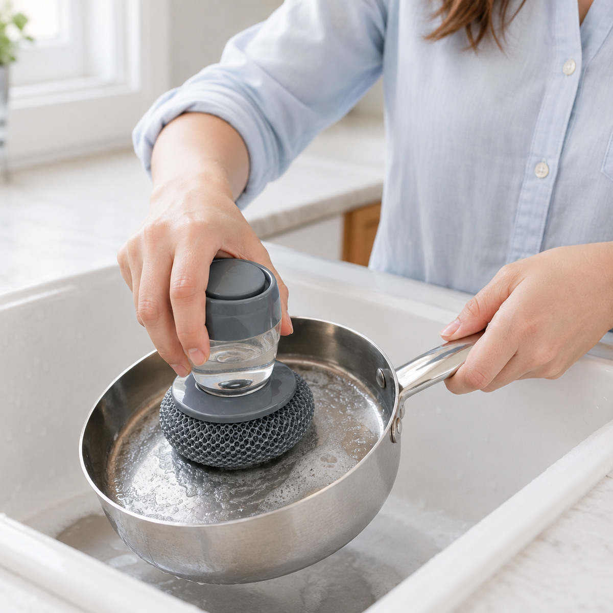 VEYUNA Soap Dispensing Palm Brush 2-in-1 Steel Wire Dish Scrubber with Soap Reservoir