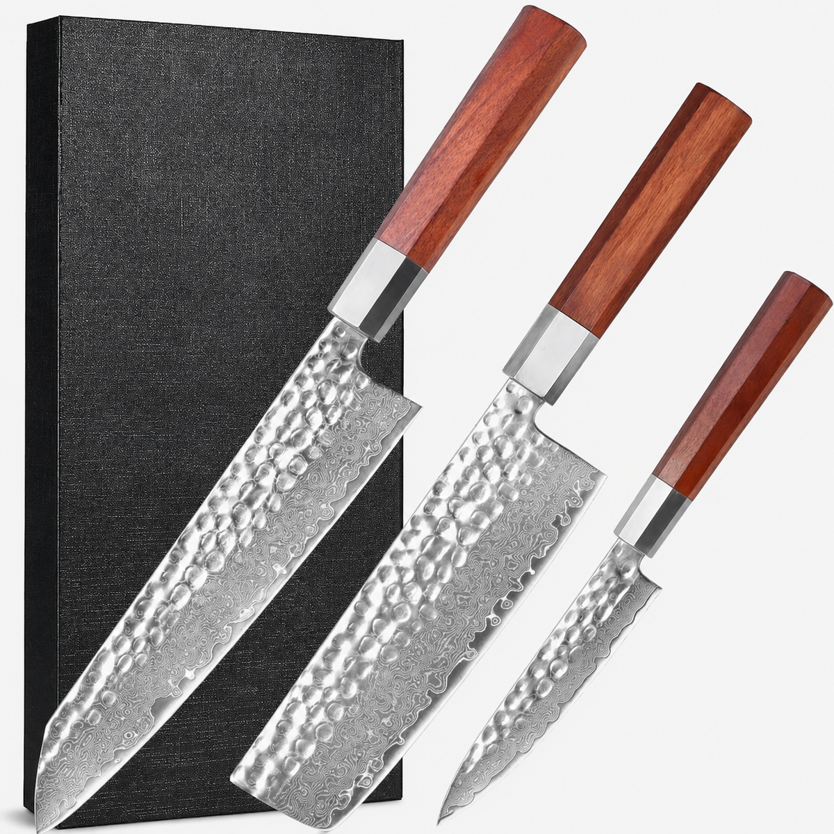 VEYUNA Knife Set 3-Piece – Damascus Steel, Rosewood Handles for Fresh Food Prep